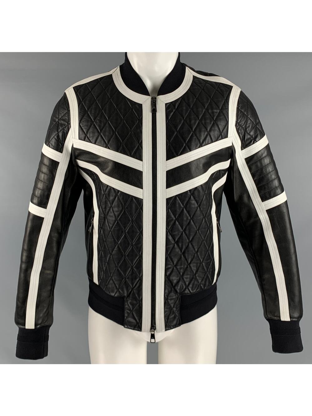 NEIL BARRETT Size M Black White Quilted Leather Zip Up Jacket